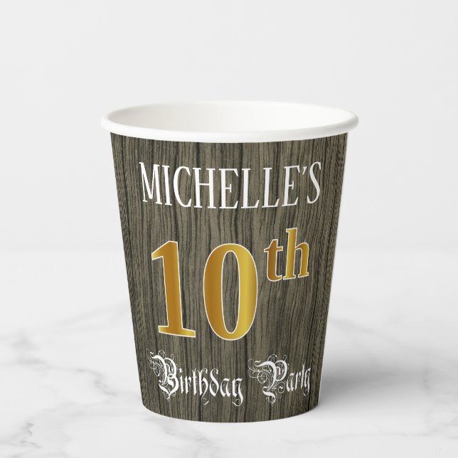 10th Birthday Party — Faux Gold & Faux Wood Looks Paper Cups (Back)