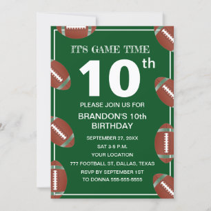 10th Birthday Party Football Green Sport Kids Boy Invitation