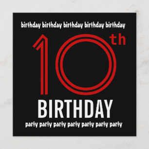 10th Birthday Party Modern Red and Black Invitation
