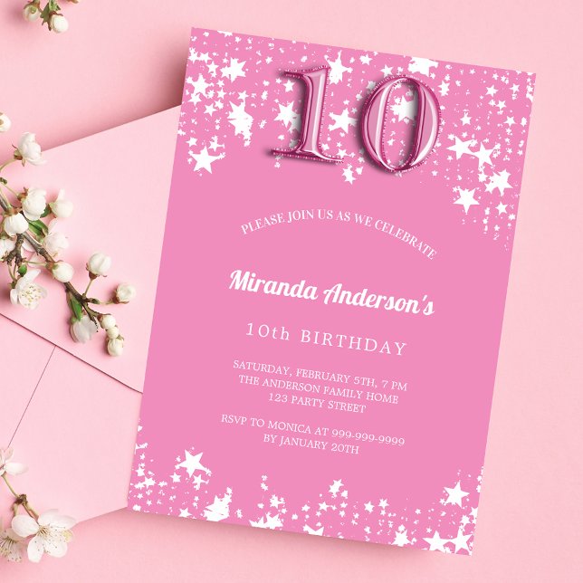 10th Birthday party pink white stars girl Invitation (Creator Uploaded)