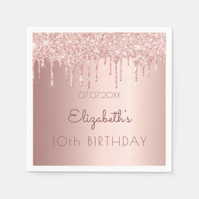10th birthday party rose gold drips 10 girl pink napkin (Front)