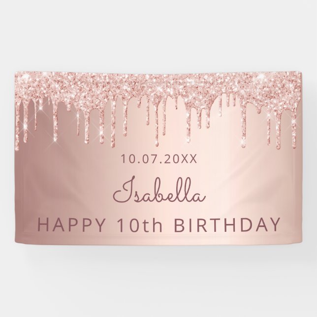 10th birthday party rose gold glitter girl kid banner (Horizontal)