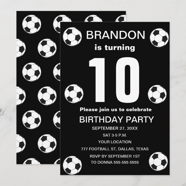 10th Birthday Party Soccer Black Boys Sports Invitation (Front/Back)