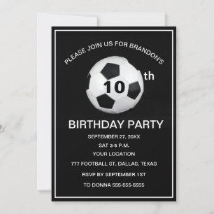 10th Birthday Party Soccer Black Boys Sports Invitation