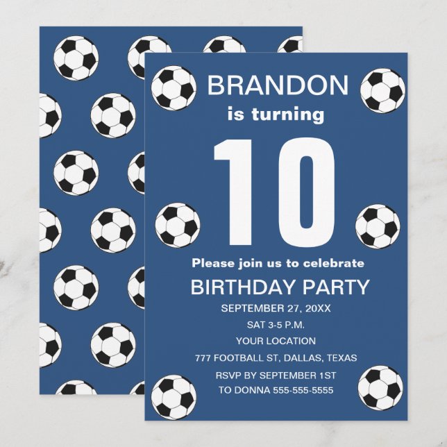 10th Birthday Party Soccer Blue Boys Sports Invitation (Front/Back)