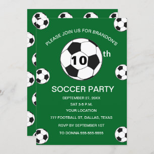 10th Birthday Party Soccer Green Boys Sports Invitation