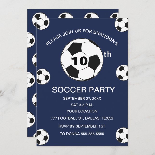 10th Birthday Party Soccer Navy Blue Boys Sports Invitation (Front/Back)