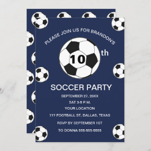 10th Birthday Party Soccer Navy Blue Boys Sports Invitation