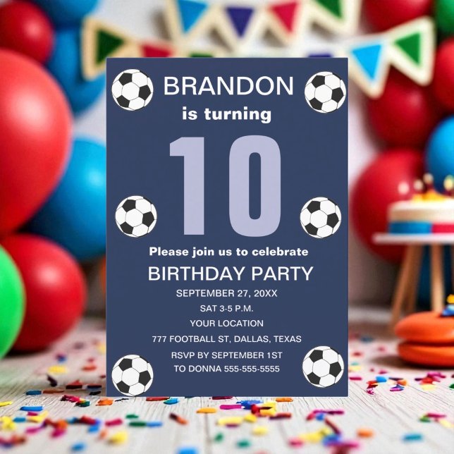 10th Birthday Party Soccer Navy Blue Boys Sports Invitation (Creator Uploaded)