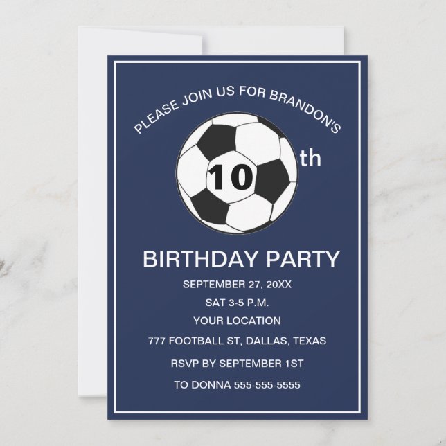 10th Birthday Party Soccer Navy Blue Boys Sports Invitation (Front)