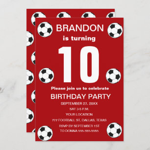 10th Birthday Party Soccer Red Boys Sports Invitation