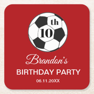 10th Birthday Party Soccer Red Boys Sports Square Paper Coaster