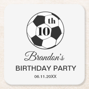10th Birthday Party Soccer White Boys Sports Square Paper Coaster