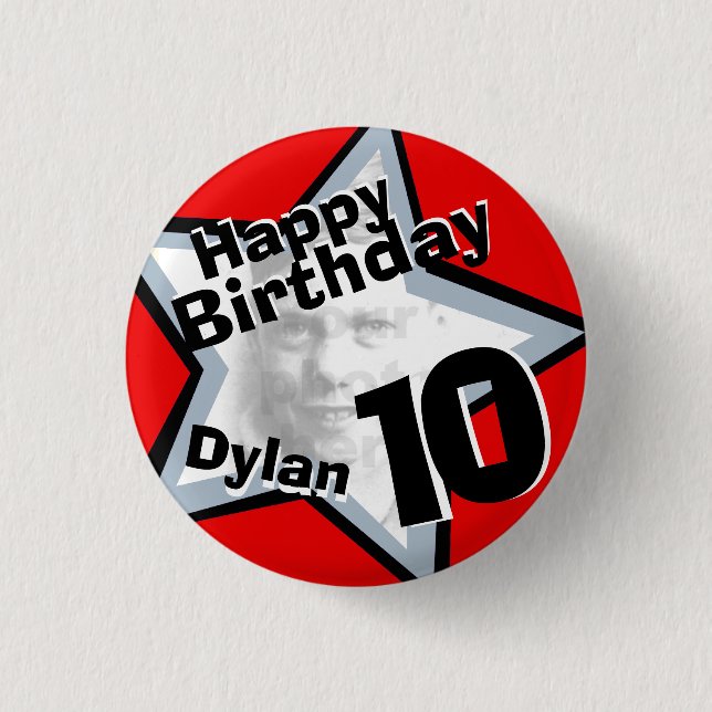 10th Birthday photo Boys red grey button/badge 3 Cm Round Badge (Front)