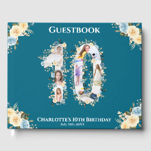 10th Birthday Photo Collage Teal Yellow Flower Guest Book