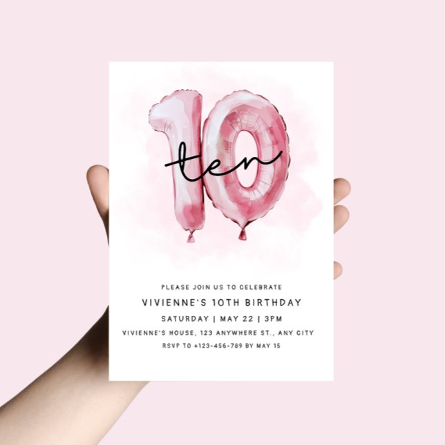 10th Birthday Pink Balloon Invitation (Creator Uploaded)