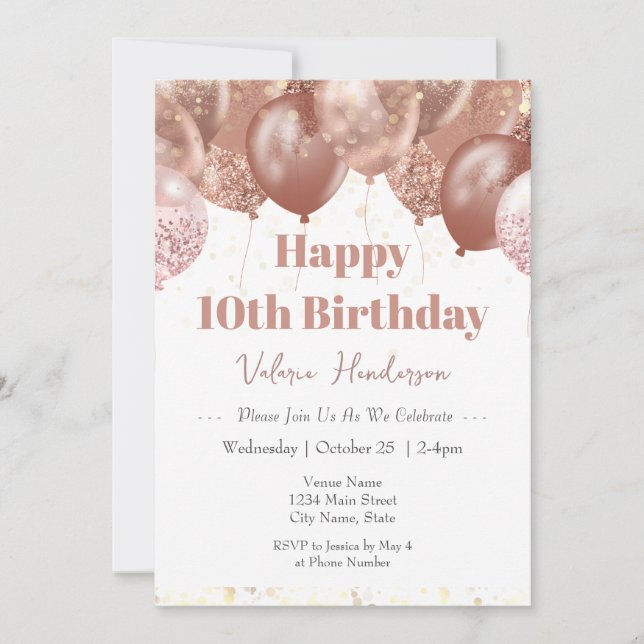 10th Birthday Pink Balloons Invitation (Front)