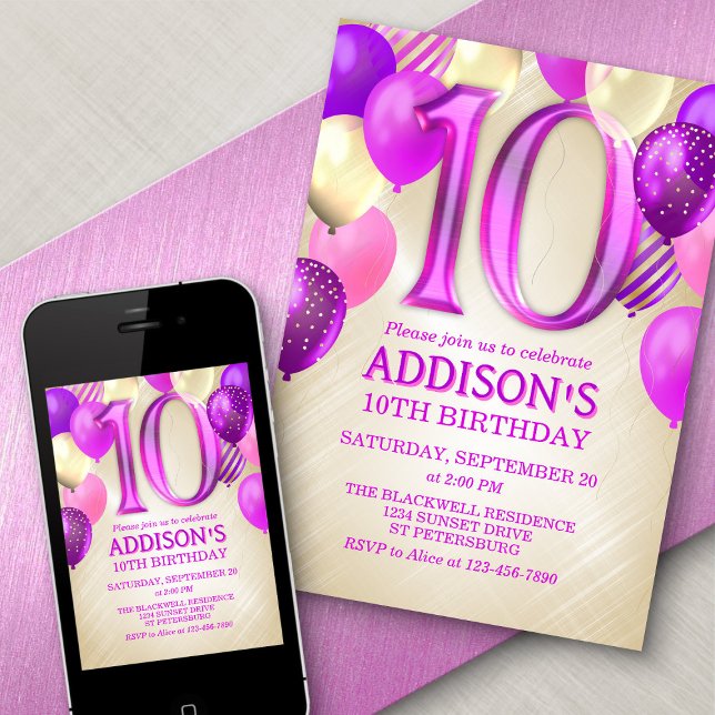 10th Birthday Pink Balloons Invitation (Creator Uploaded)