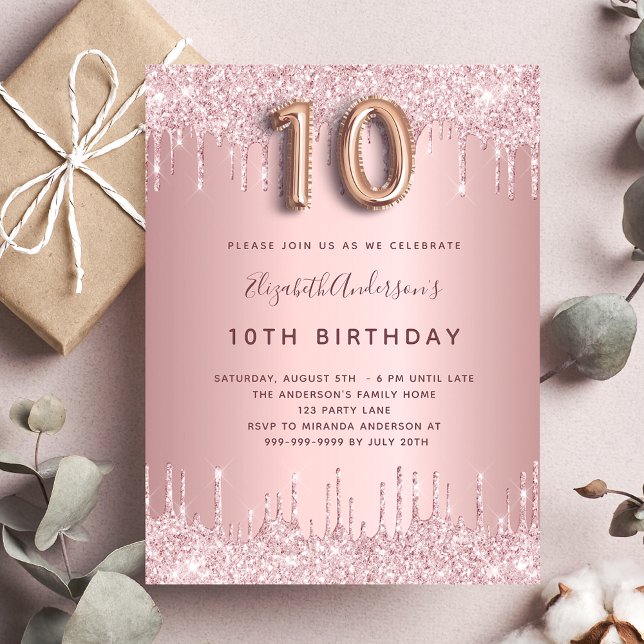 10th birthday pink dusty rose glitter drips glam invitation postcard (Creator Uploaded)