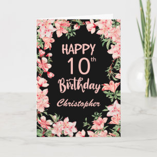 10th Birthday Pink Peach Watercolor Floral Black Card