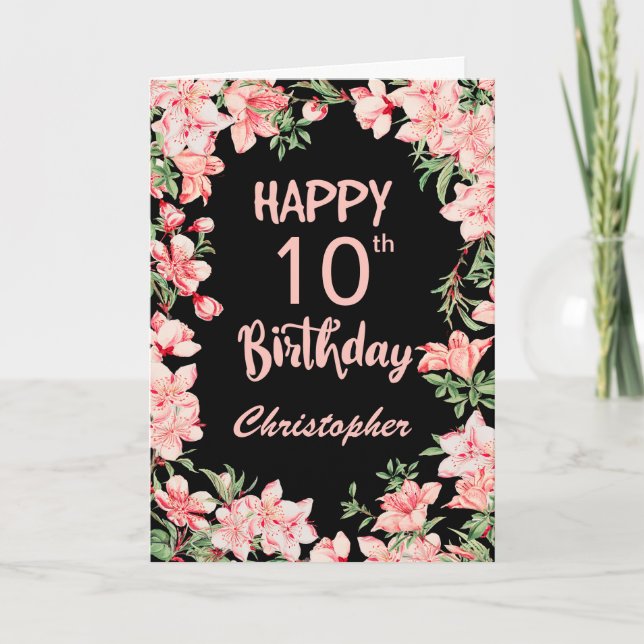 10th Birthday Pink Peach Watercolor Floral Black Card (Front)