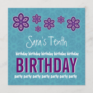 10th Birthday Purple Flowers Custom Name Invitation