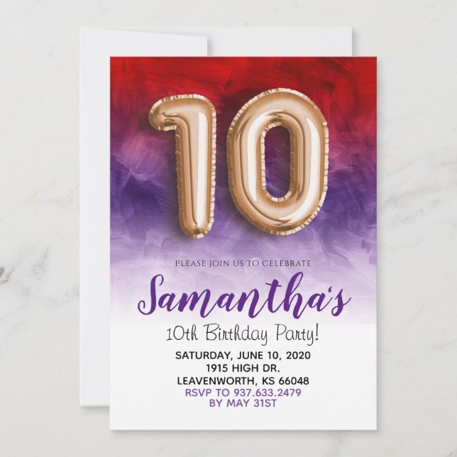 10th Birthday Purple Watercolor Invitation (Front)