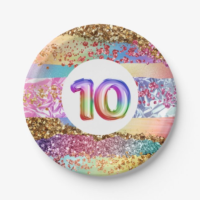 10th birthday rainbow glitter colourful party paper plate (Front)