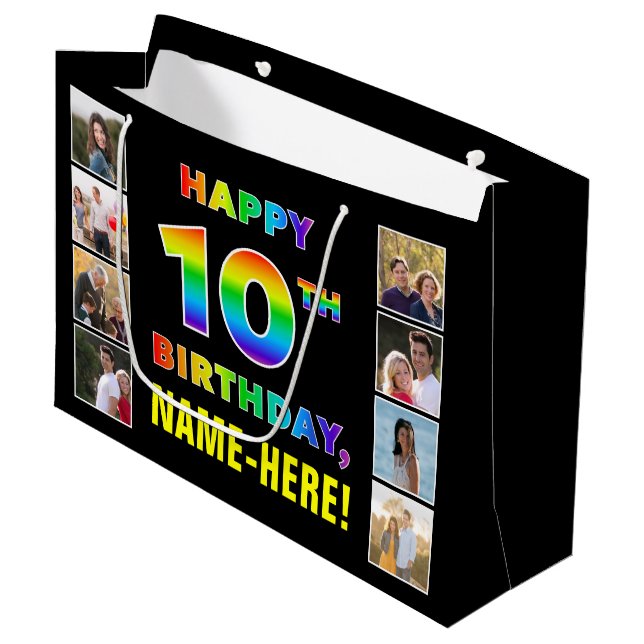 10th Birthday: Rainbow Text, Custom Photos & Name Large Gift Bag (Front Angled)