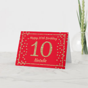 10th Birthday Red and Gold Glitter Confetti Card