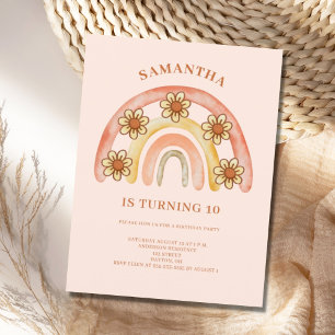 10th Birthday Retro Boho Rainbow Invitation Postcard