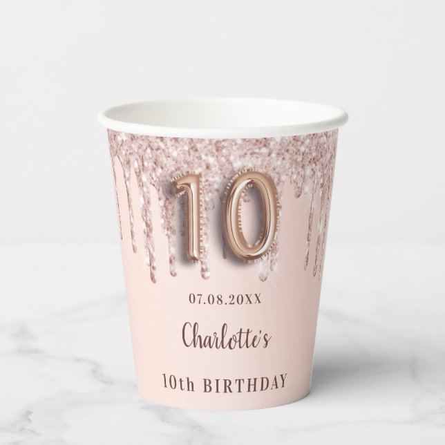 10th birthday rose gold drips name party paper cups (Back)
