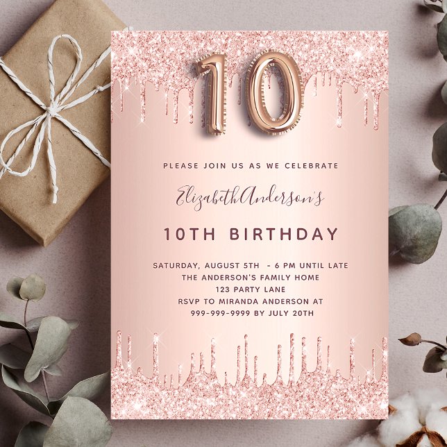 10th birthday rose gold drips pink glam invitation (Creator Uploaded)