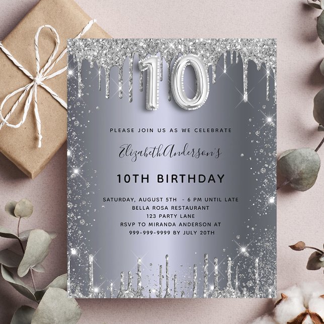 10th birthday silver glitter budget invitation flyer (Creator Uploaded)
