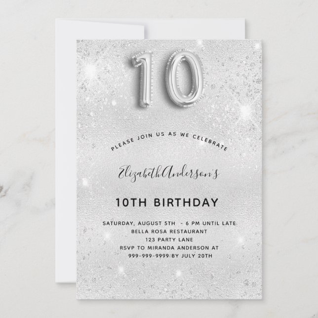 10th birthday silver glitter invitation (Front)