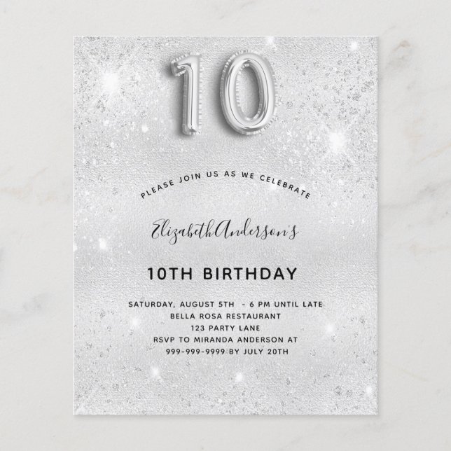 10th birthday silver glitter invitation (Front)