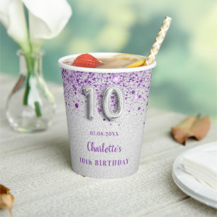 10th Birthday silver purple glitter dust monogram Paper Cups