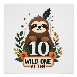 10th Birthday Sloth Vintage Wild One Shirt Poster