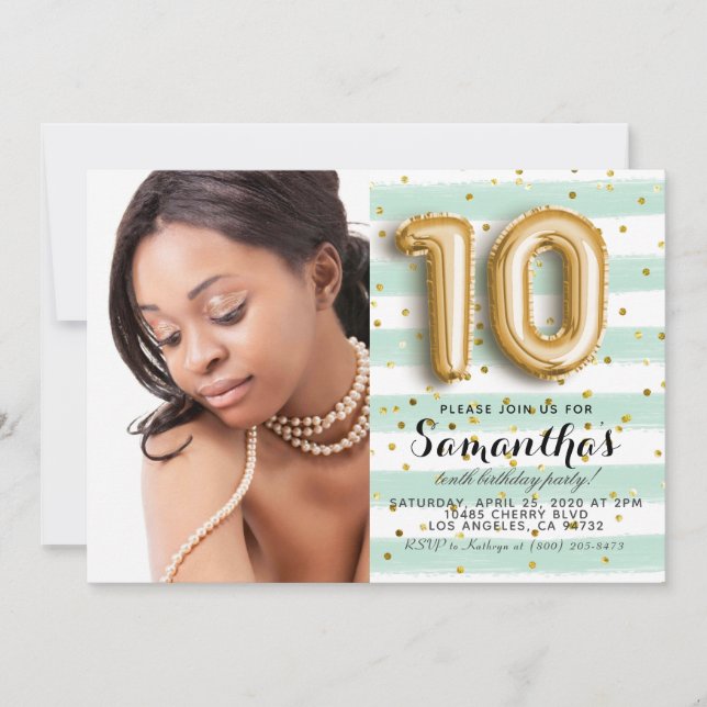 10th Birthday Striped Gold Portrait Invitation (Front)