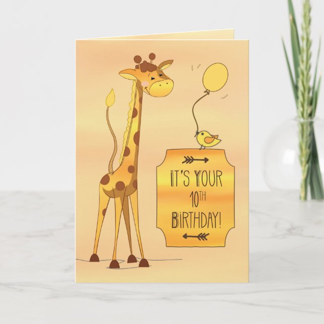 10th Birthday Tall Giraffe and Bird Card (Front)
