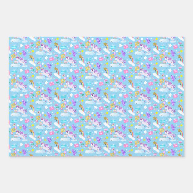 10th Birthday Unicorn Pattern 3 Colours Wrapping  Paper Sheet (Front)