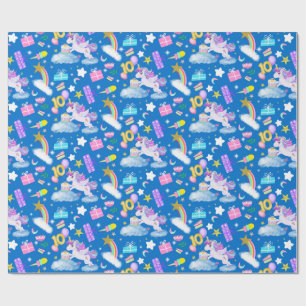 10th Birthday Unicorn Pattern Blue Wrapping Paper