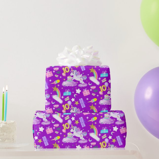 10th Birthday Unicorn Pattern Purple Wrapping Paper (Party Gifts)