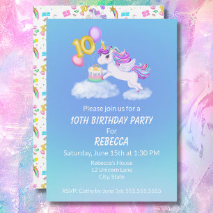 10th Birthday Unicorn With Cake Invitation