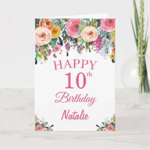10th Birthday Watercolor Floral Flowers Pink Card