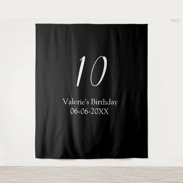 10th birthday white black name date calligraphy  tapestry (Front)