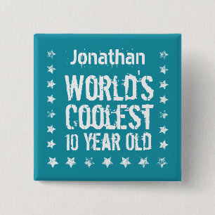 10th Birthday World's Coolest 10 Year Old Teal T25 15 Cm Square Badge
