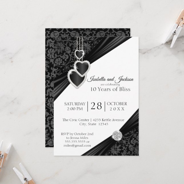 10th Black Onyx Heart Anniversary Design Invitatio Invitation (Front/Back In Situ)