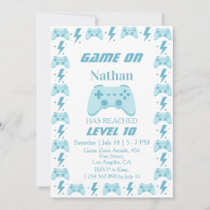 10th Boy Birthday   Level Up Video Game Party  Invitation