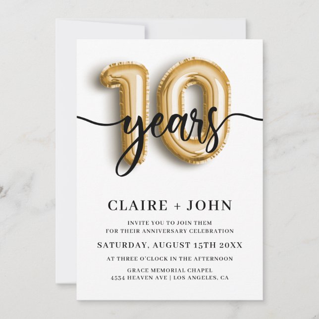 10th Gold Balloon Years Anniversary Invitation (Front)